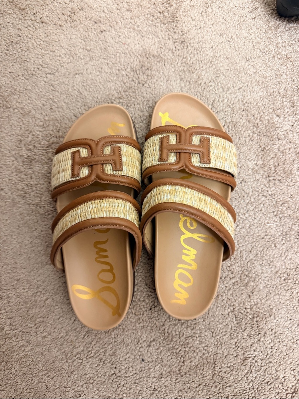 Sam Edelman Tan and Natural Woven Double-Strap Slide Sandals